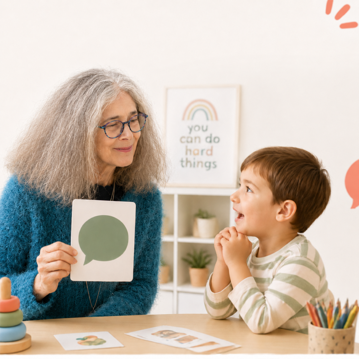 Shelley working with a child during a speech therapy activity