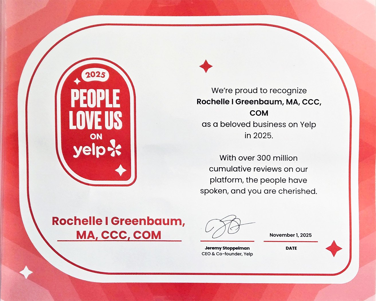 Official 2025 People Love Us on Yelp certificate for Rochelle I. Greenbaum